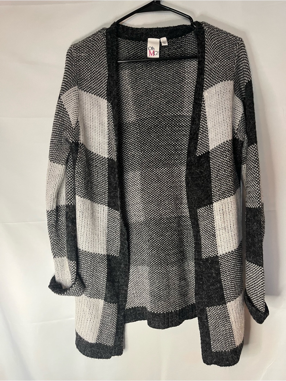 Oh MG! Black & White Open-Front Plaid Cardigan Sweater